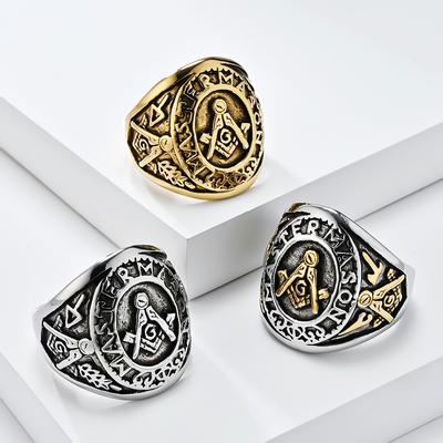 Masonic Symbol Titanium Steel Ring Vintage Men's Brotherhood Jewelry Unique Retro Biker Punk Ring for Men