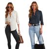 Women's Long-Sleeve Denim Shirt with Turn-Down Collar - Casual, European and American Style (Style 16810)
