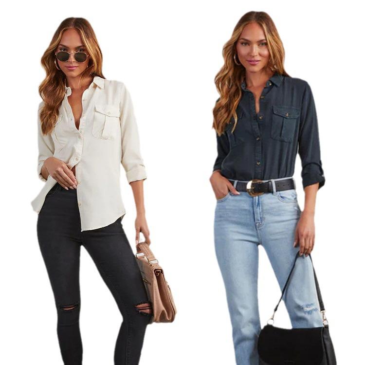 Women's Long-Sleeve Denim Shirt with Turn-Down Collar - Casual, European and American Style (Style 16810)