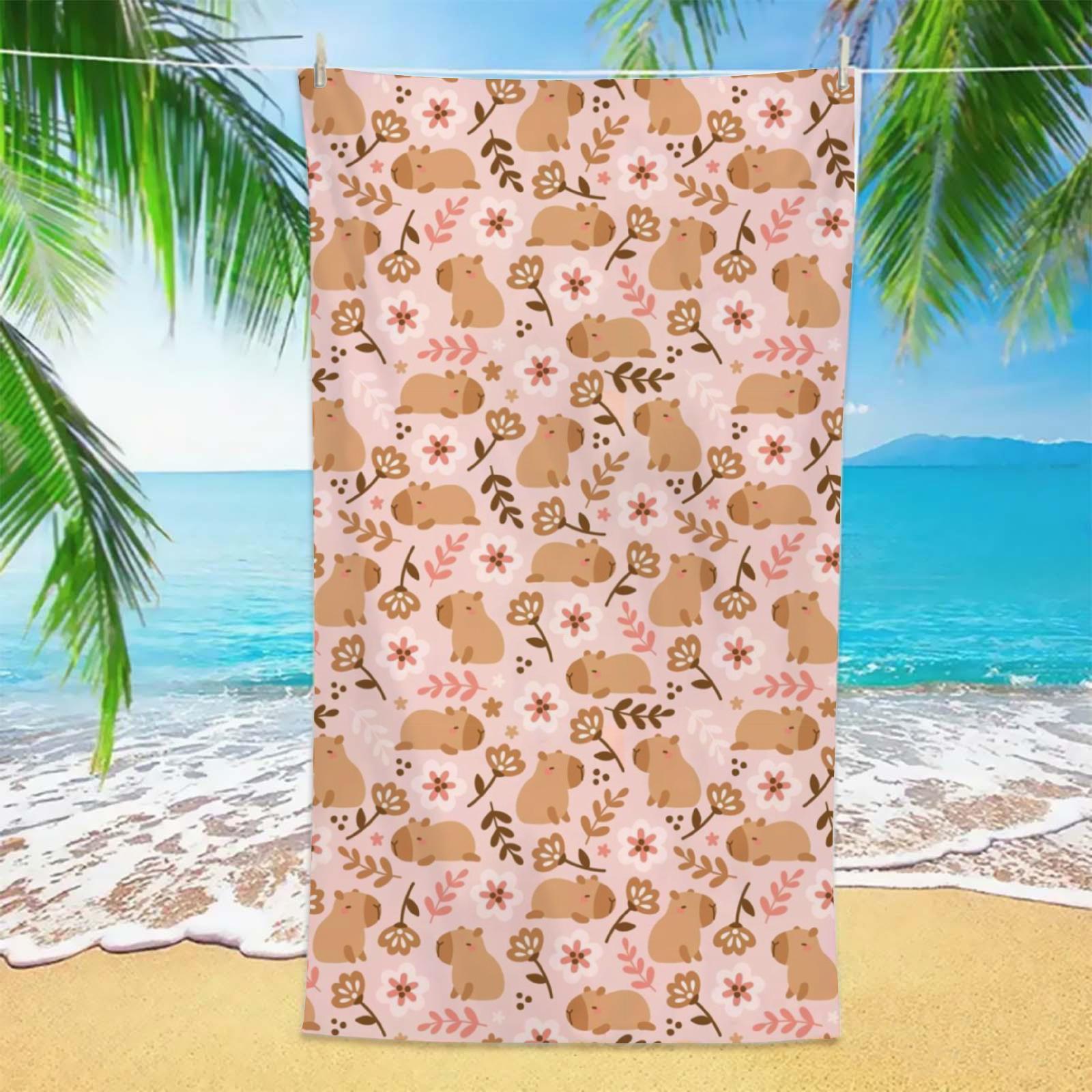 Ka Chen Muda Pink Lovely Capybara Beach Towel 1Pc Floral Print Oversized Microfiber Soft Towel For Pool Travel Kids Beach Vacation