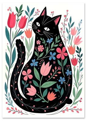 Pôster ilustração gato em flores