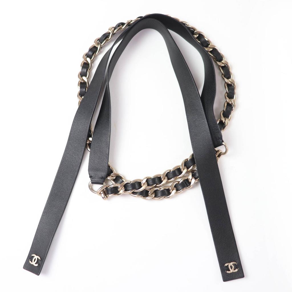 Great CHANEL Belt COCO Mark Leather Chain Ribbon Black Leather Women S B20C Used