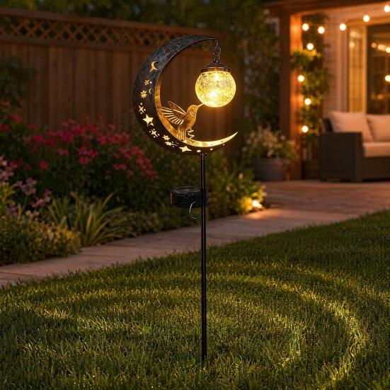 Hummingbird Moon Solar Light, Metal Crescent with Crackle Glass Ball Garden Stake, Solar Pathway Light for Yard Patio Lawn Outdoor Decor