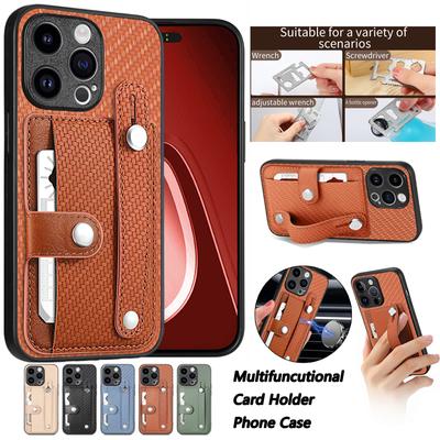 Carbon Fiber Card Wallet Wristband Texture Leather Case for iPhone 15 14 Plus 13 12 11 Pro Max XSMAX for Samsung S23 S22 S21 S20Ultra Plus A14 A54 A53