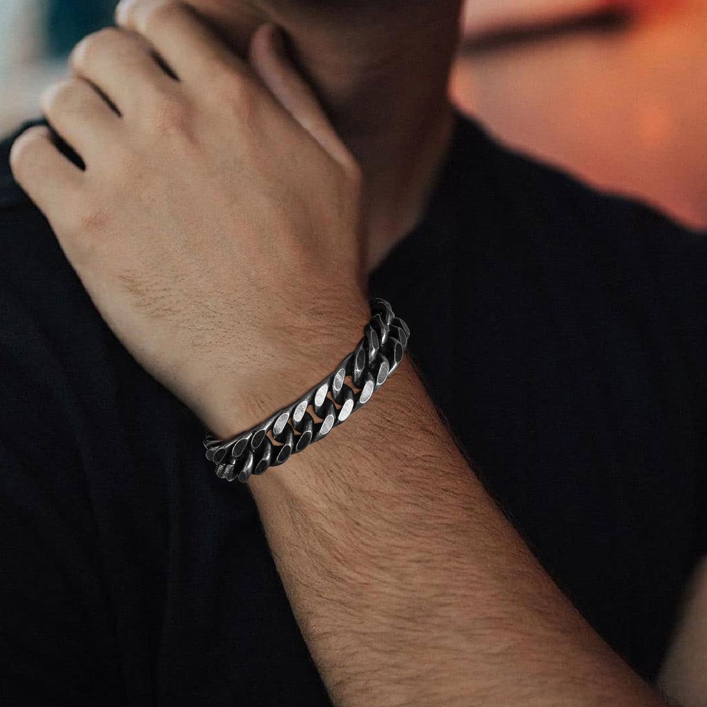 12mm Retro Chunky Cuban Chain Bracelets for Men,Stainless Steel Chain Link Wristband,Vintage Cool Punk Jewelry Gifts
