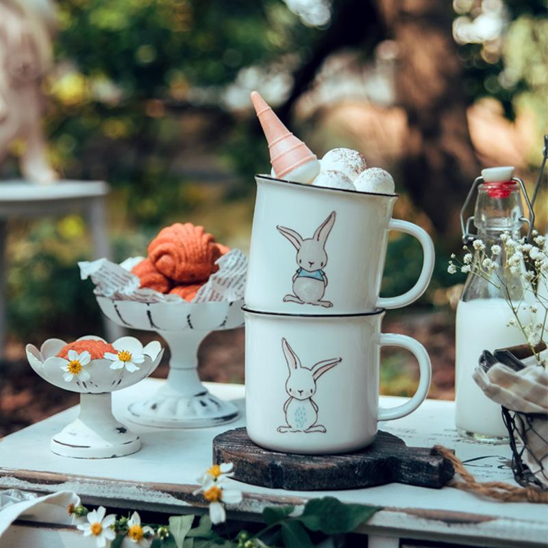 380ml Ceramic Rabbit Mug Farmhouse Grey Bunny Mug Porcelain Water Milk Cup Breakfast Juice Cup Microwave Safe