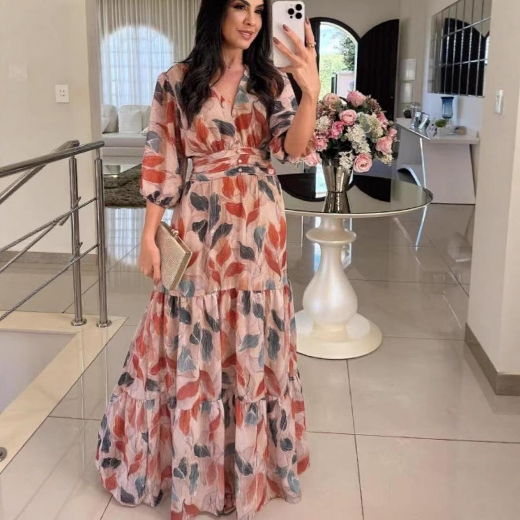 

Women s Floral Print Maxi Dress with Layered Ruffles and Waist Tie 3XL рожевий