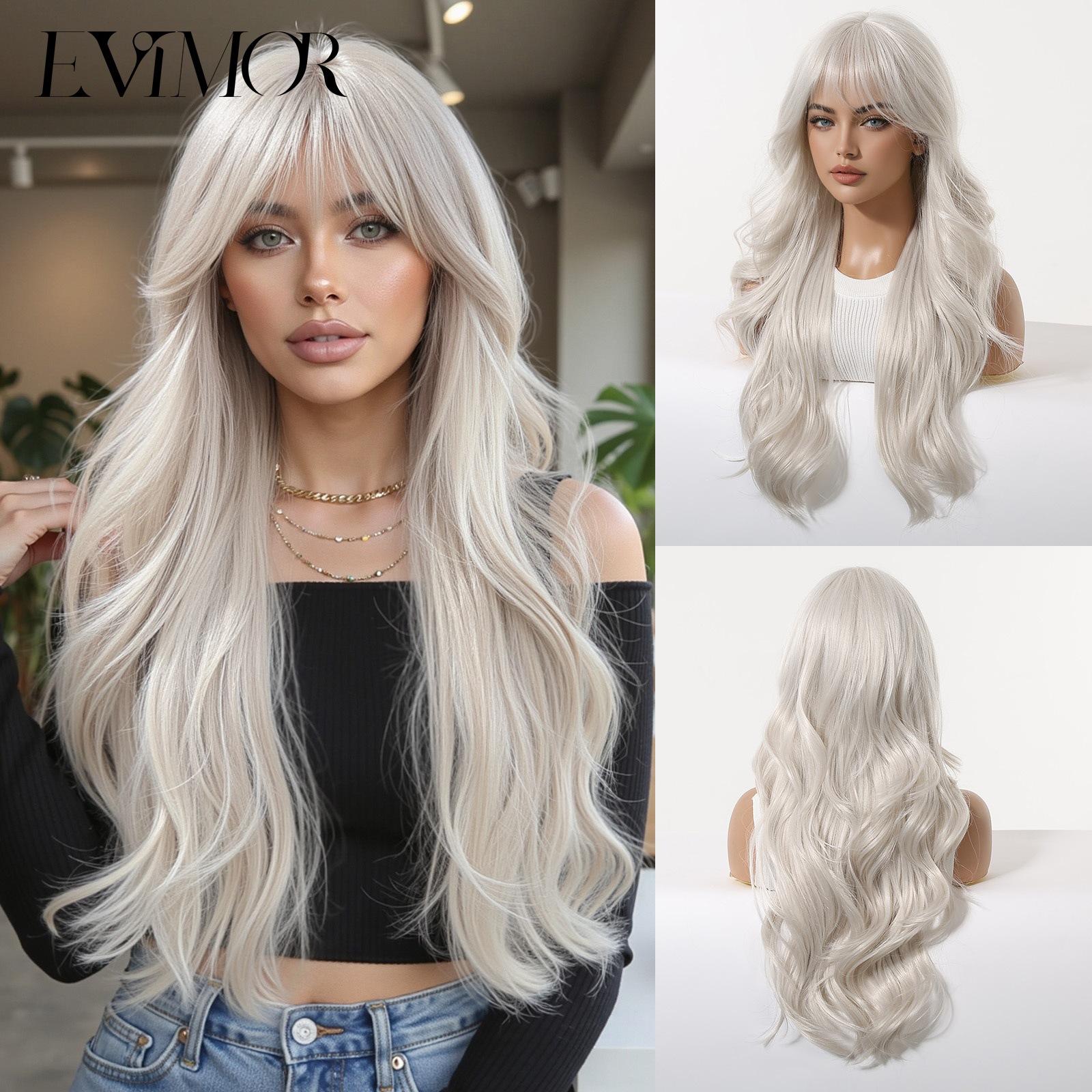 

European And American Wind Gradual Change Gray Gold Long Curly Hair Wig Air Bangs Big Waves Natural Realistic Chemical Fiber Full Head Cover 1#