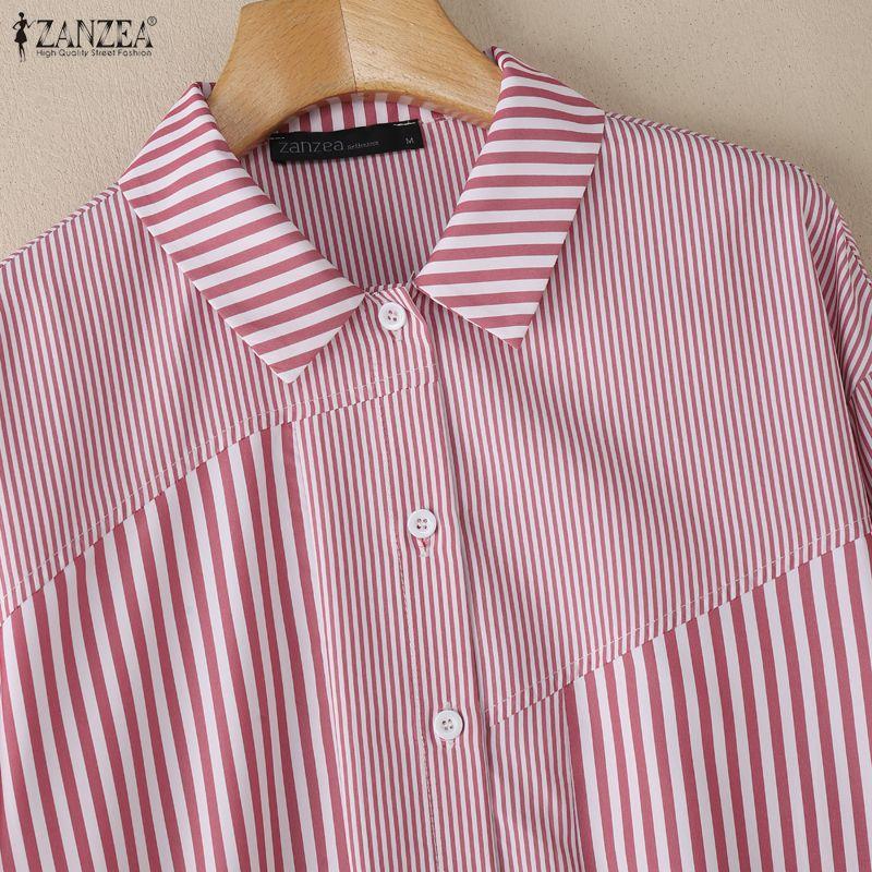 ZANZEA Women Casual Turn Down Collar Long Sleeve Loose Stripe Blouse
