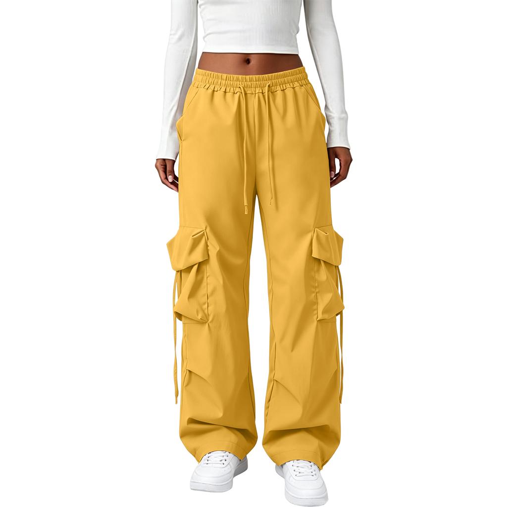 Hohe Taille Gerade Bein Lockerer Schnitt Lange Hosen für Damen Lässige Weite Hosen mit Mehreren Taschen Kordelzug Taille Design