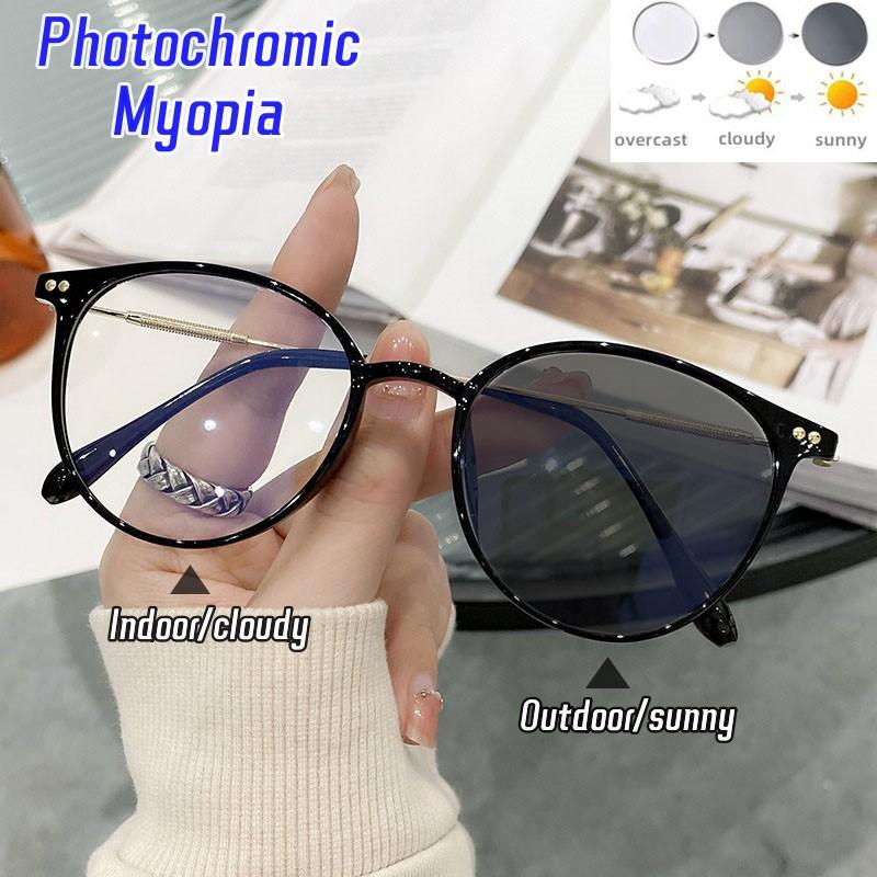 New Trendy Photochromic Glasses Women Anti Blue Light Round Frame Myopia Glasses Outdoor Color Changing Eyewear Diopter 0 ~ -4.0
