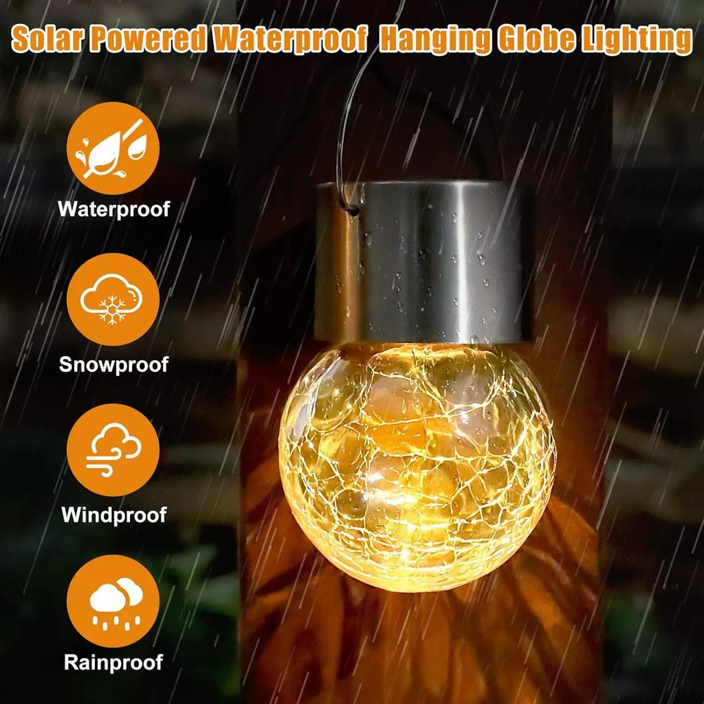 Waterproof Outdoor Hanging Cracked Glass Solar LED Decorative Ball White Light Yard Tree Solar Powered Globe Light Lantern Light