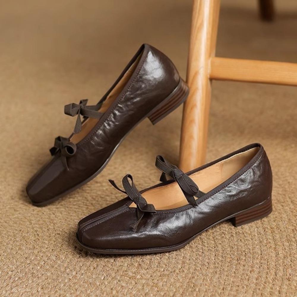 

2026 Spring New Sheepskin Square Head Retro Style Small Leather Shoes Bow One Pedal Shallow Mouth Mary Jane Pumps Women 35 коричневый