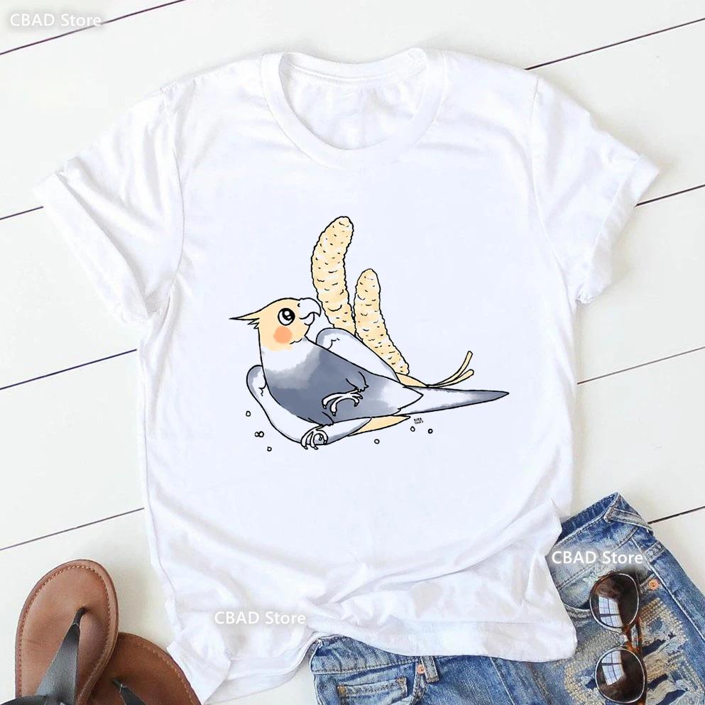 Cute Cockatielsparrot Bird Lovers Print T Shirt Girls Sunflower Flowers Tshirt Unisex Harajuku Kawaii Clothes Summer Tops Tee