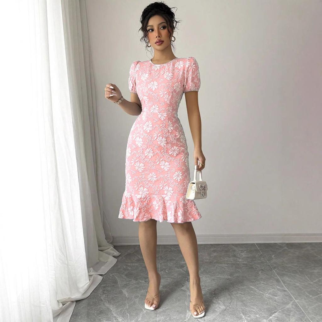 Women Summer Short Sleeve Embroidery O Neck Solid Color Ruffles One Piece Dress