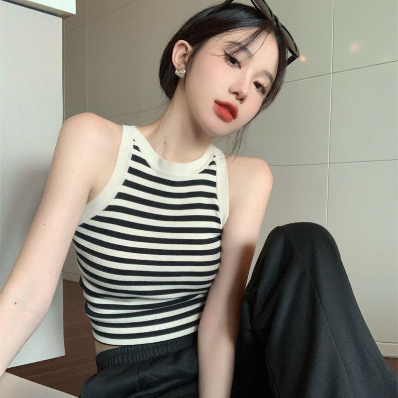Striped Ice Silk Knitted Vest Women's Summer Slim Short Chic Sleeveless Camisole Outer Top
