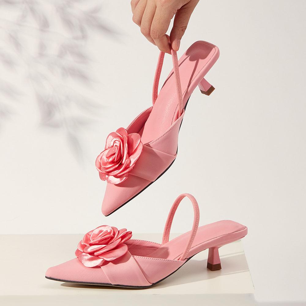 Flower Pointed Toe High Heels Women Pump Sandals Silk Kitten Heels Elegant Office Lady Sexy Party Sandals Big Size 43