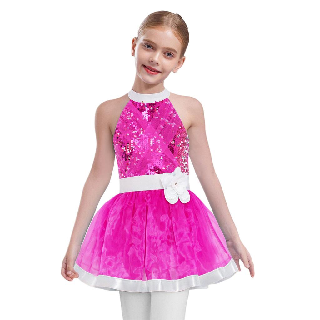 Girls Shiny Sequins Layered Tulle Ballet Dance Dress Sleeveless Cutout Back Tutu Dress Built In Briefs Skirt