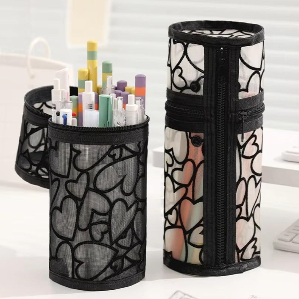 Portable Large Capacity Mesh Pencil Case Multifunctional Love Transparent Cosmetic Pouch