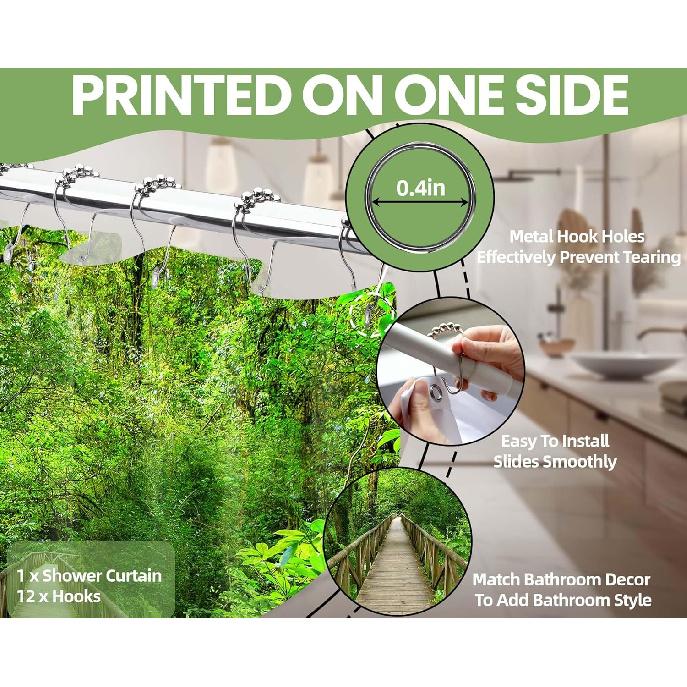 Nature Forest Wooden Bridge Shower Curtain 3D Rain Forest Scenic Landscape Shower Curta for Bathroom Decor, Waterproof Cloth Fabric with Hooks 70 X