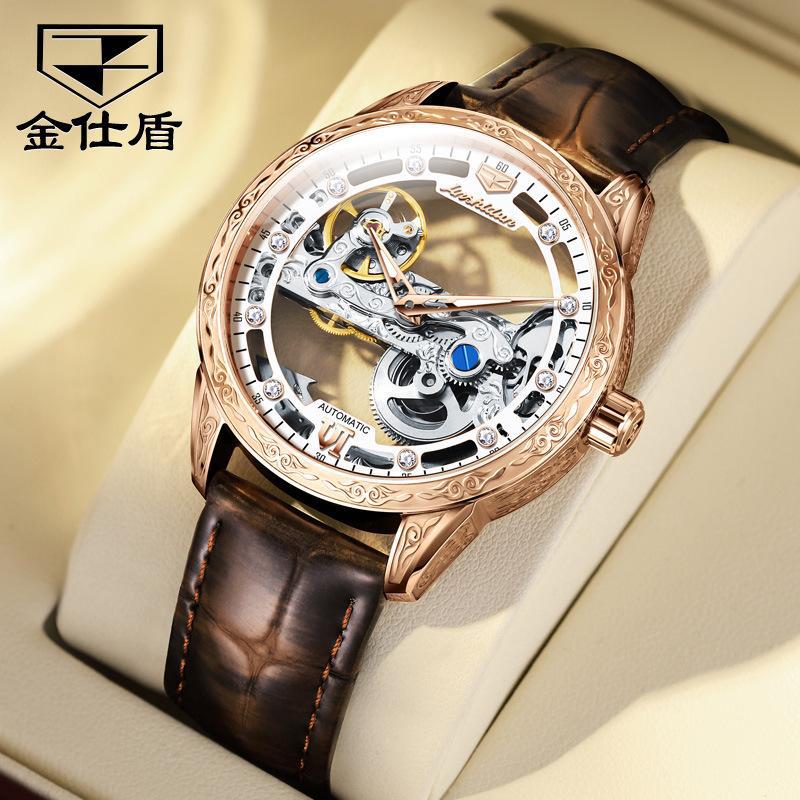 JINSHIDUN New Business and Leisure Men's Watch Fully Automatic Mechanical Watch Perspective Hollow Dial High-end Watch