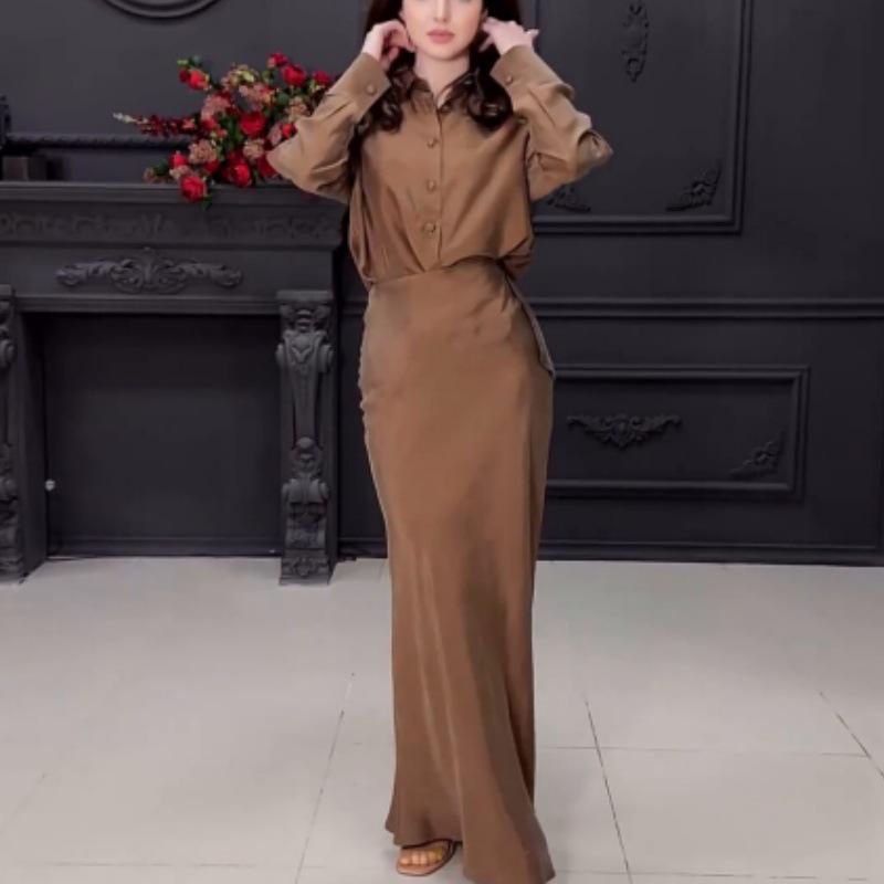 2024 Women's Fashion Two-Piece Set: Long-Sleeve Top and Midi Skirt