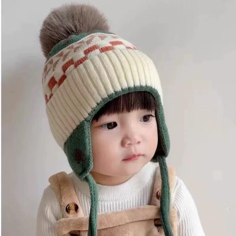 Ear Protection Baby Beanie Caps with Earflaps Soft Warm Pom Pom Winter Warm Knitted Hat for Infant Toddler Kids Boys Girls