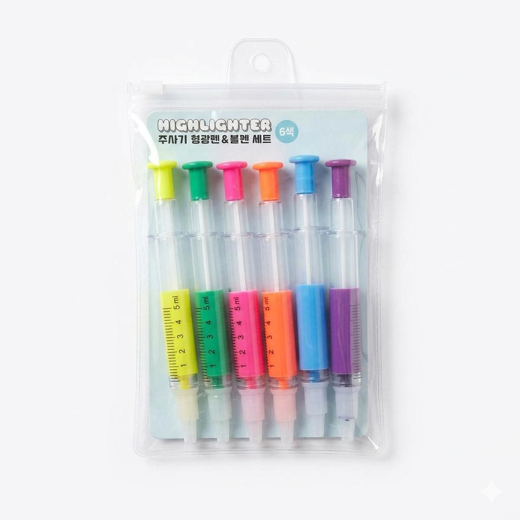 Syringe Highlighter & Ballpoint Pen Set 6 Packs