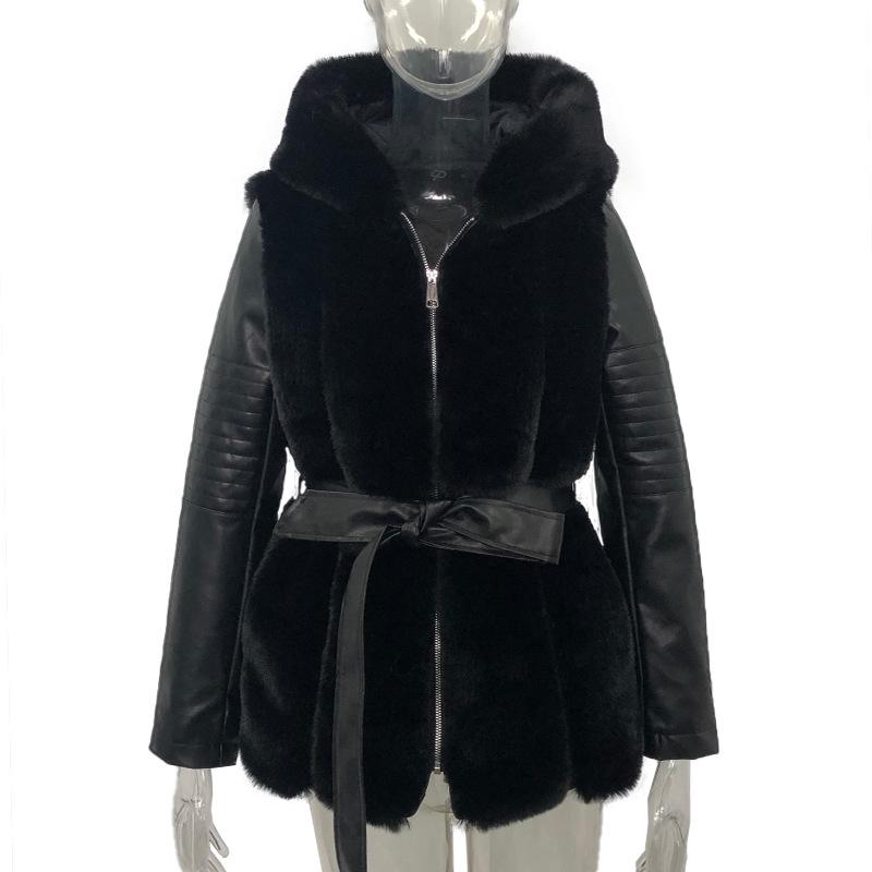 Hooded Zipper Fur Coat with Belt for Women - Solid Color, 2025 Collection