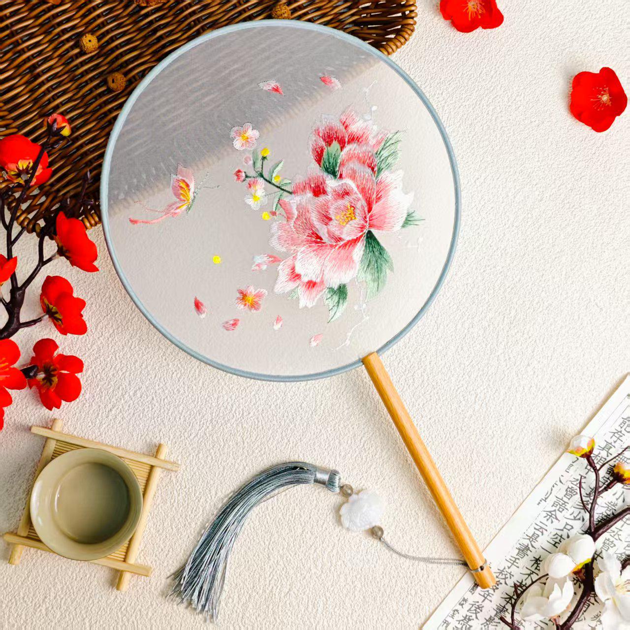 Круглый двусторонний веер с вышивкой Сучжоу для ханьфу или ципао