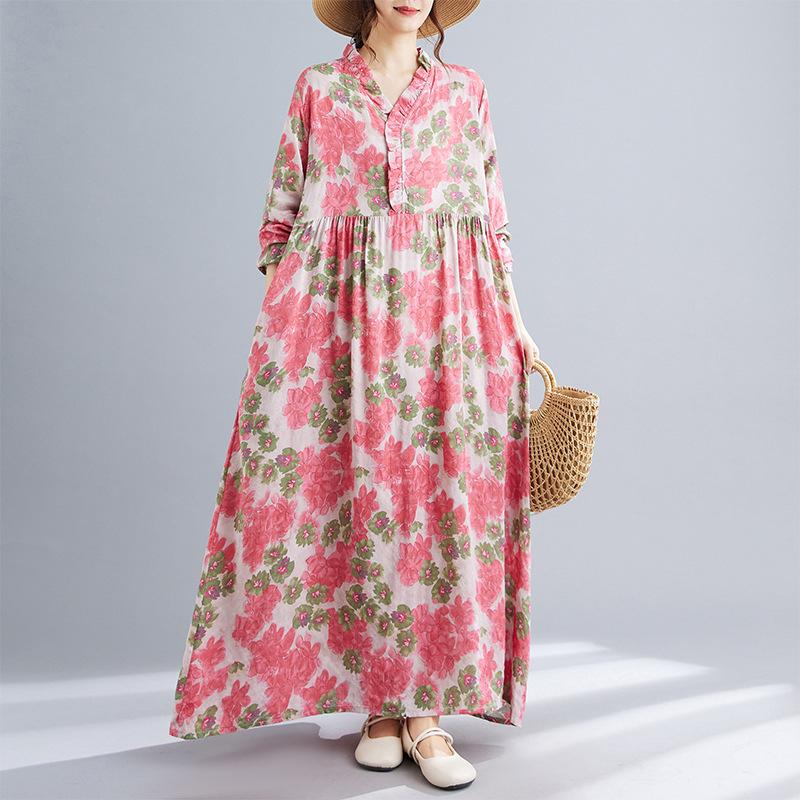 

Ранняя осень богемный ретро хлопок и лен принт свободный повседневный длинный рукав большой качели длинное платье для женщин платья XXL