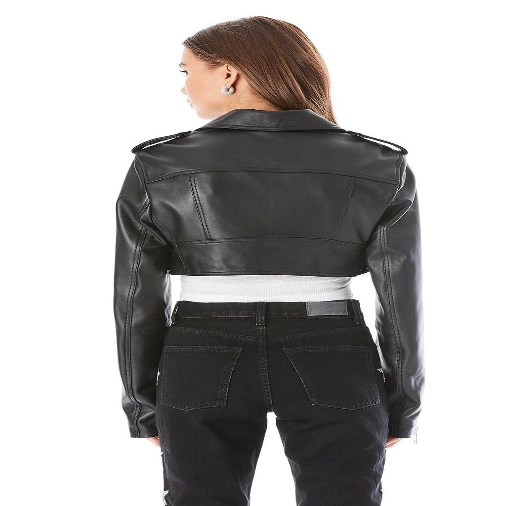 Noora Women's Black 100% Genuine Lambskin Leather Cropped Jacket, Real Lambskin Leather Crop Jacket For Her, Ladies Crop Moto Jacket, Gift For Her