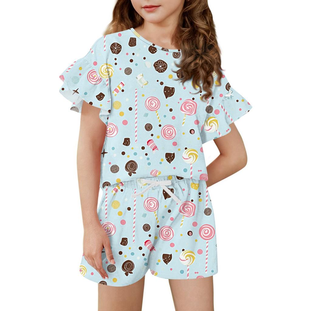Girls' Summer Outfit Ruffle Sleeve Top And Shorts Clothing Set Lightweight Casual Two Piece