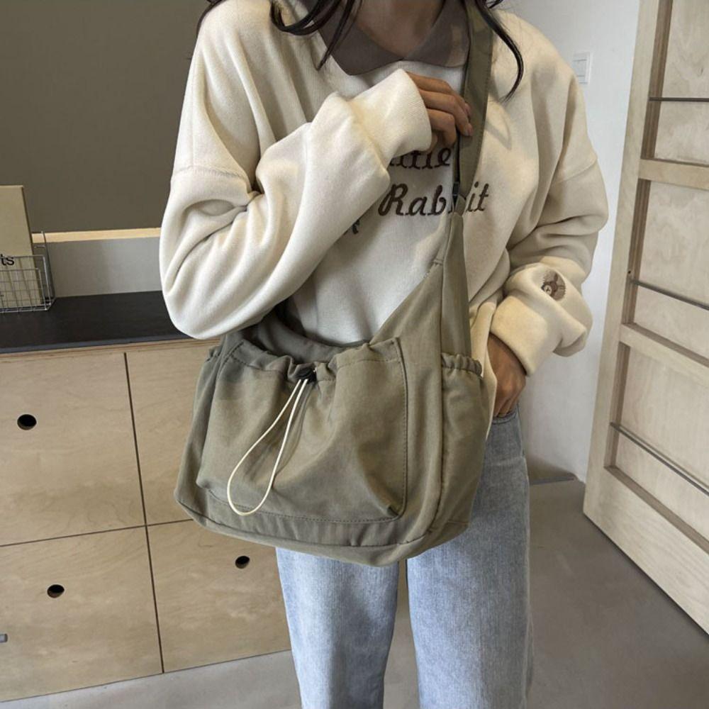 Elastic Rope Drawstring Tote Bag Solid Color Pleated Shoulder Bag Nylon Crossbody Bag  School