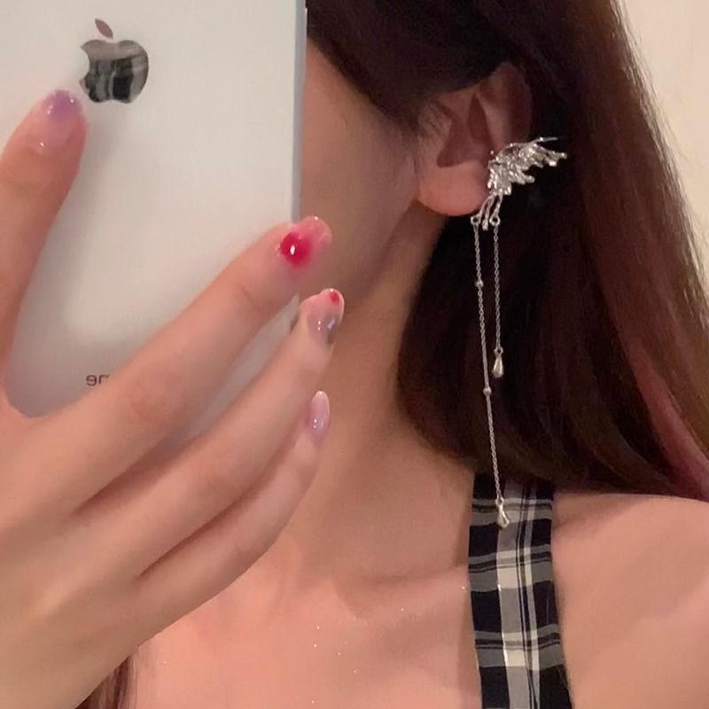 Y2K Goth Elf Butterfly Tassel Ear Clips Angel Ear Bone Earring for Women Fake Piercing Ear Cuff Hanging Earring Punk Jewelry