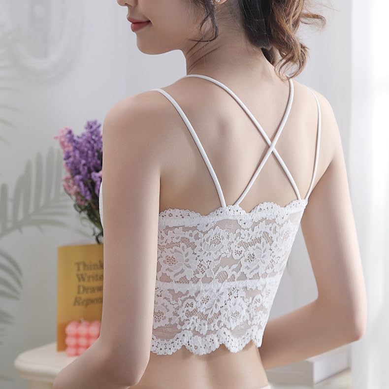 88flix Lace Camisole Bustier Bra Top with Inner Cleavage Cups, Pads, Wireless, (White)