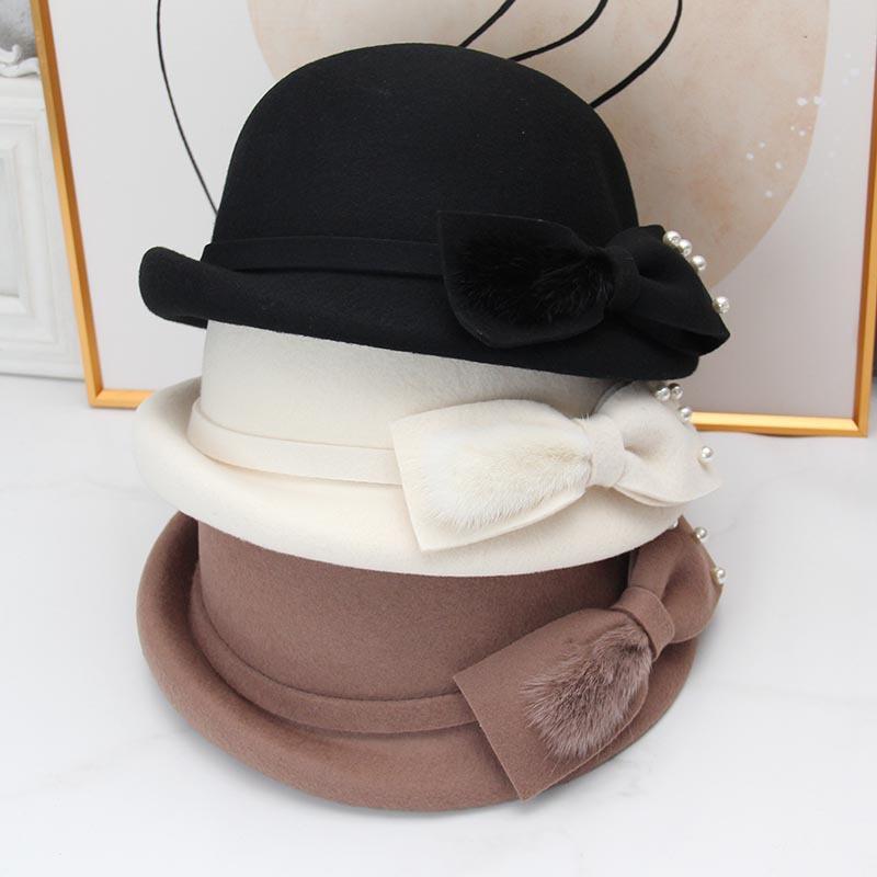 Autumn and winter hat female British retro wool woolen crimped basin hat fashion French bucket hat bow pearl felt hat
