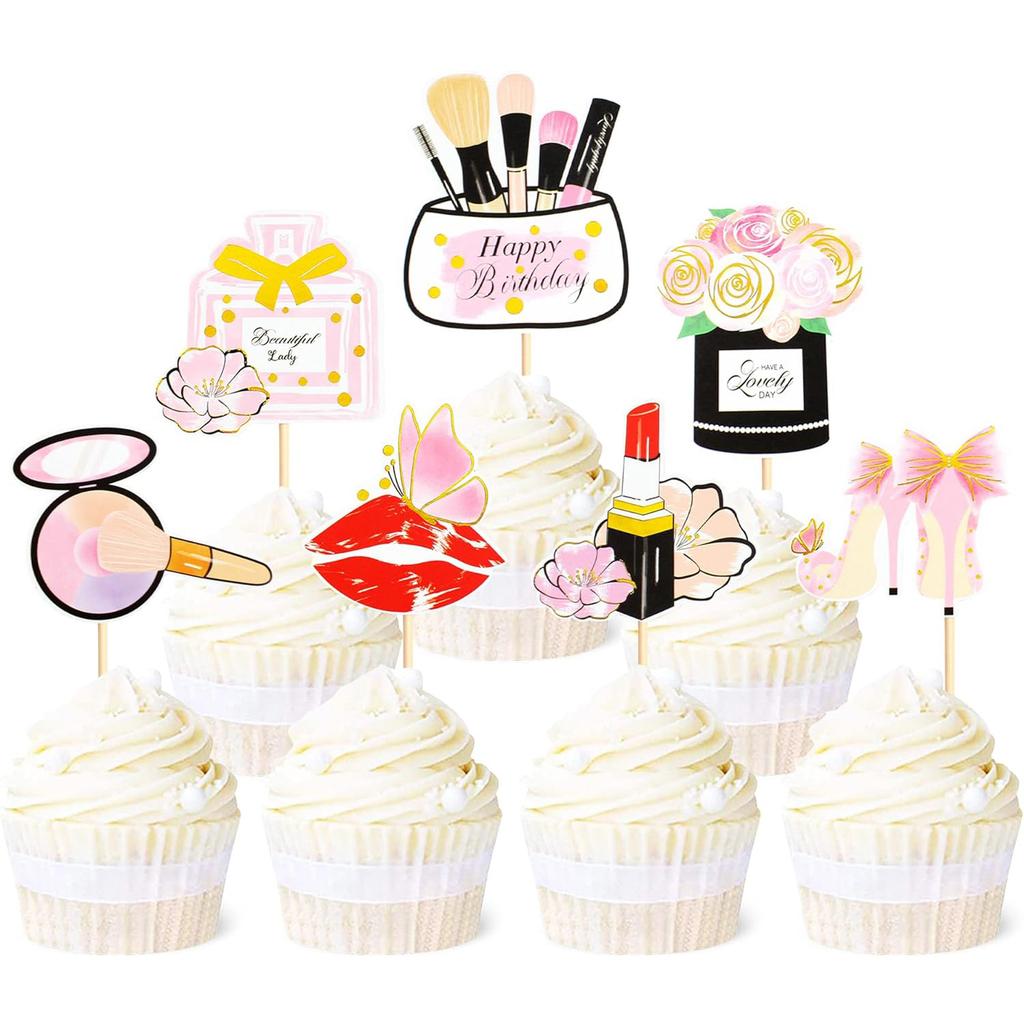 Glitter Makeup Cake Toppers Lipstick Cake Picks Cupcake Decors High Heel Makeup Brushes for Bridal Cosmetics Party Decorations