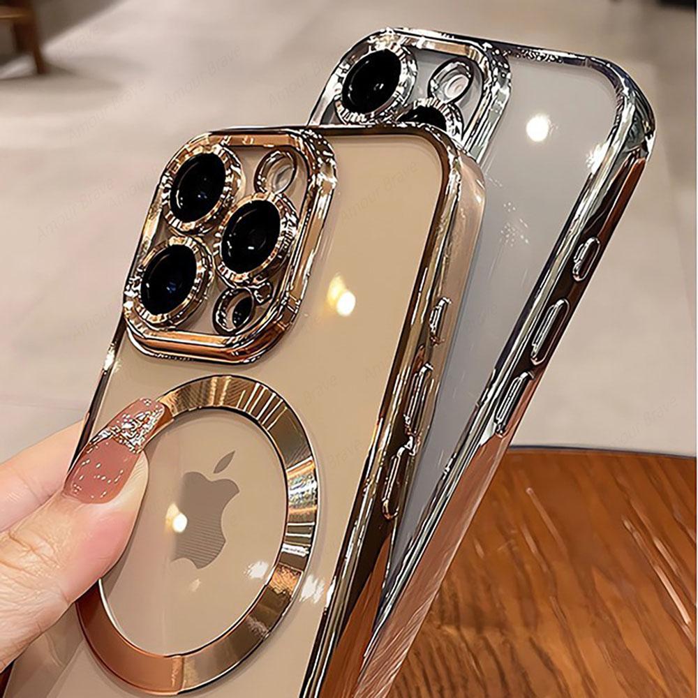 Luxury Magnetic Plating Clear Phone Case For iPhone 16 15 14 13 12 11 Pro Max 16 Plus For Magsafe Wireless Charging Cover Cases
