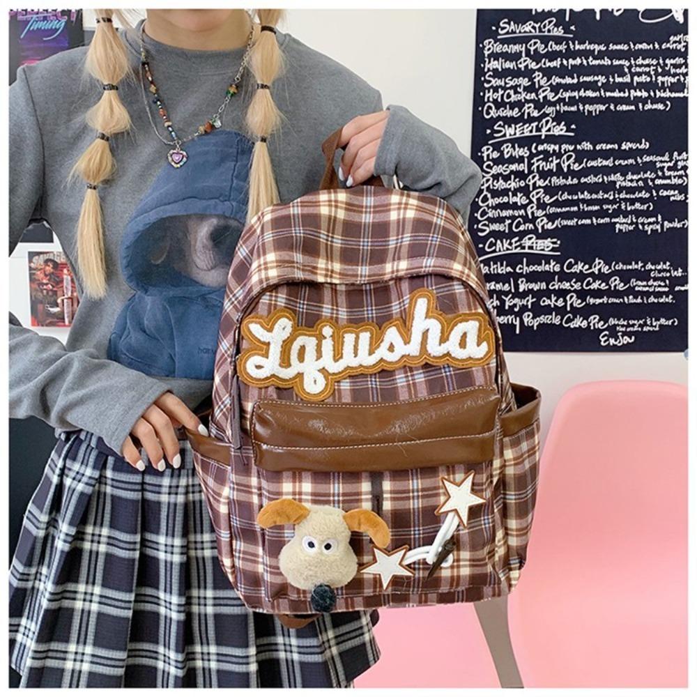 Vintage autumn and winter college style plaid puppy schoolbag ins versatile girls high-value college students class backpack