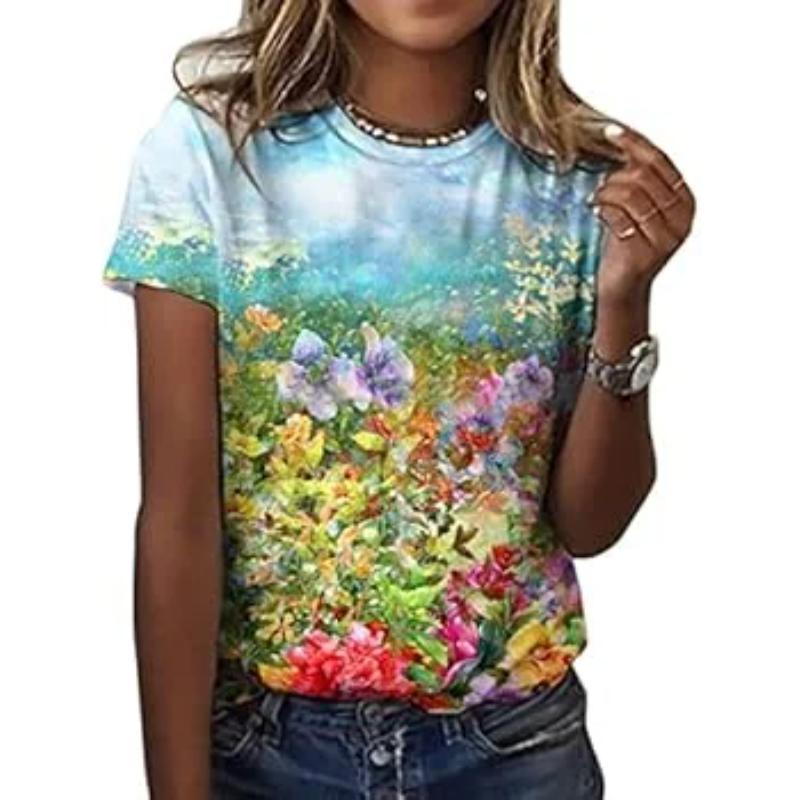 Flower Print Top Fashionable Loose Short Sleeve Simple T-Shirts Women’s