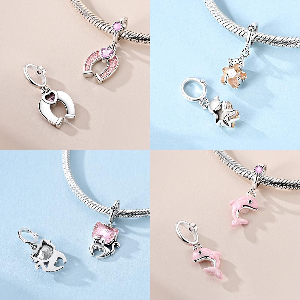 Pendentif Authentique en Cuivre Chat Ballon Rose Chien Animal Dauphin Perle Cœur Compatible Avec Bracelets Femmes Cadeau Saint-Valentin Bijoux