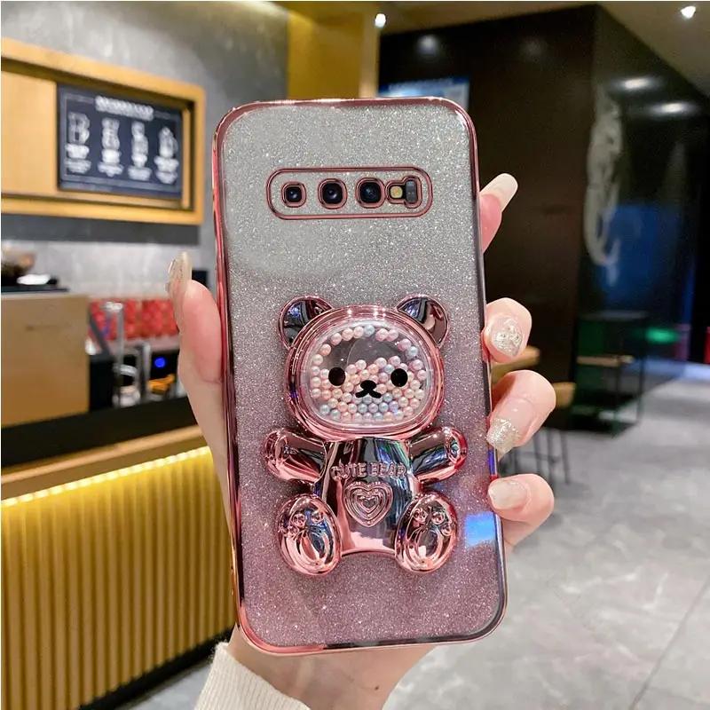 

Чехол-держатель S10 Cute Bear для Samsung Galaxy s10 plus s 10plus S10 Note10 20 Ultra plus Stand Cover s21fe s 20 Fe S23 FE S20 Plus&Case & Holder розового золота