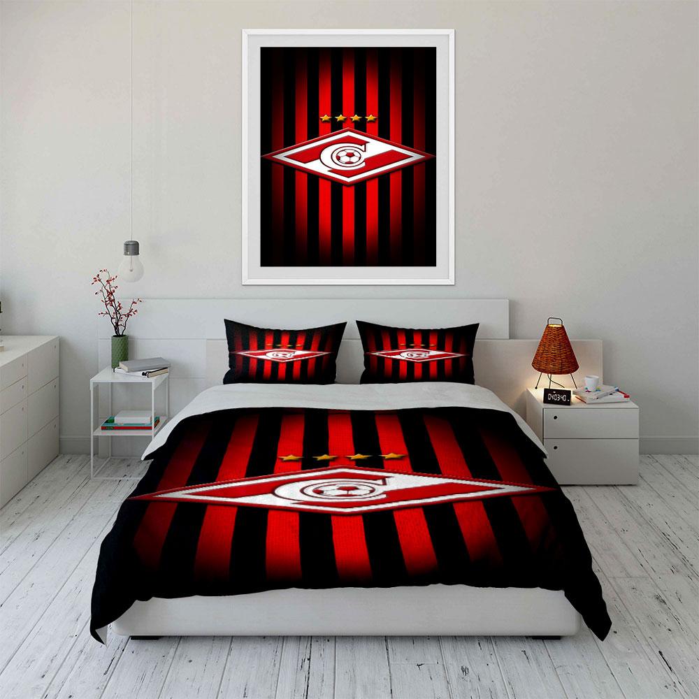 Red and Black Stripes with Soccer Logo Print Bedding Set Duvet Cover Pillowcases (1* Duvet Cover 2* Pillowcases Do Not Include Comforter)