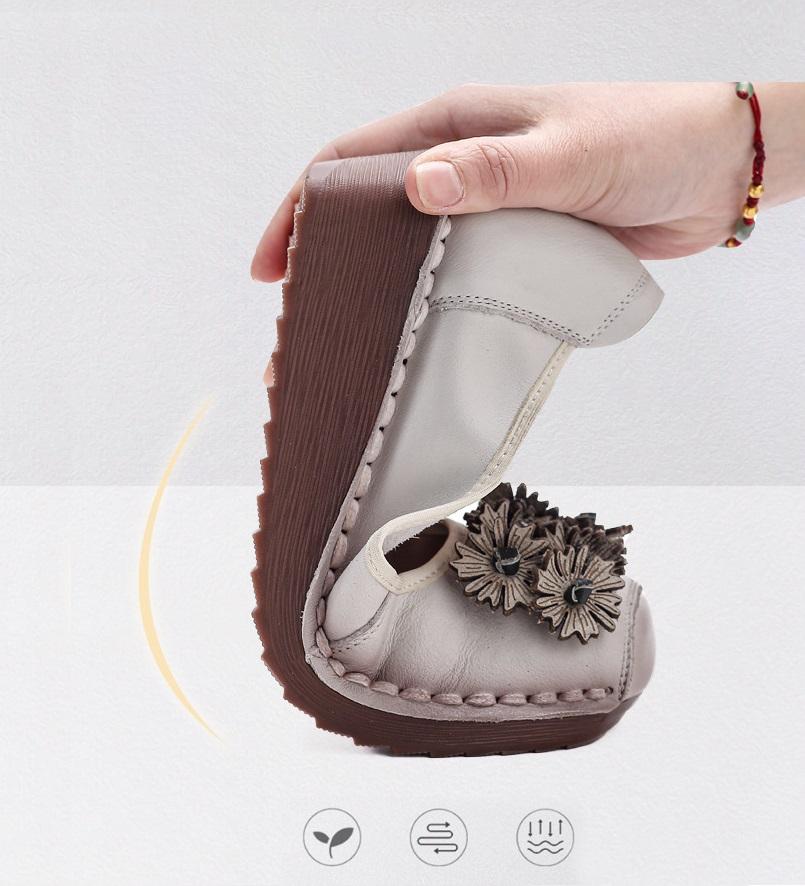 Fashion Handmade Vintage Wedged Shoes for Mature Ladies Genuine Leather Ballet Flats Woman Slip On Easy Fit Shoes Elderly Woman Moccasin