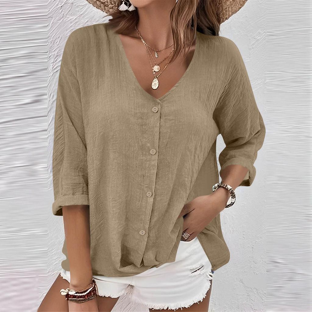 Women's Fashion Casual Color V-Neck Live Button Seven Sleeve T-Shirt Top