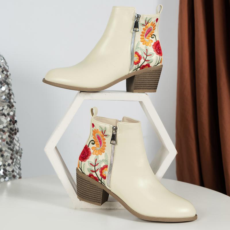 Fashion Fashion Embroidery Flower Beige Chelsea Boots Women 2025 Autumn Pointed Toe Side Zip Boots Sexy High Heel Riding Booties Size 42