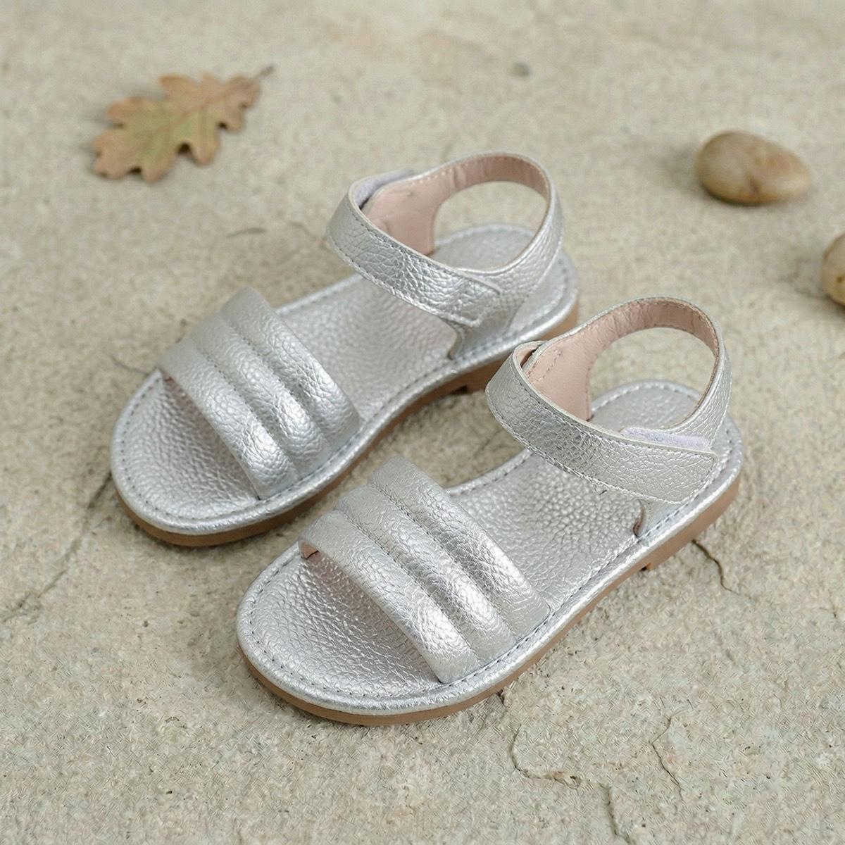 Girls  Silver and Pink Velcro Sandals - Non-Slip, Easy On/Off, Soft Sole, Korean Style. 25