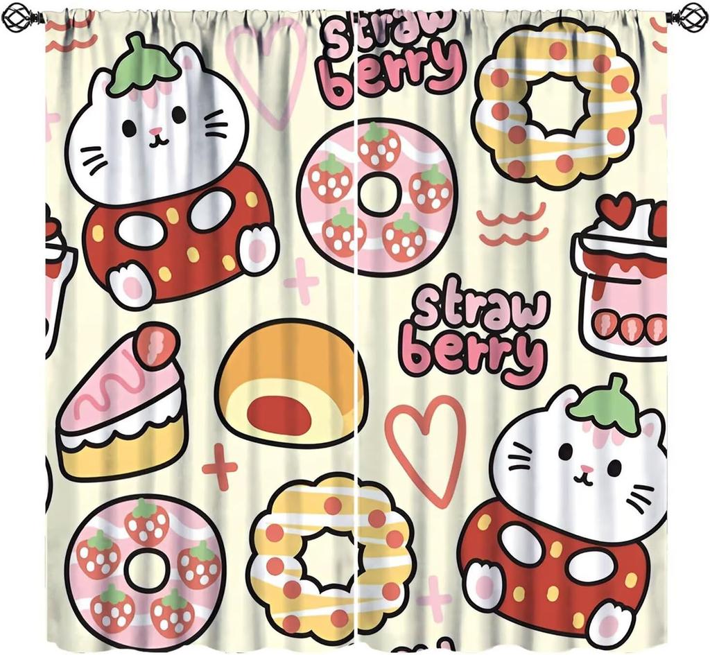 Cartoon Cat Floral Curta, Colorful Spring Blue Orange Flowers Bouquets Funny Cute Cats Nature Garden Window Treatments For