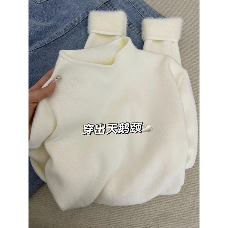 Soft waxy semi-turtleneck sweater women's spring slim-fit pullover knitted inside with integrated thick velvet bottoming shirt, top tide